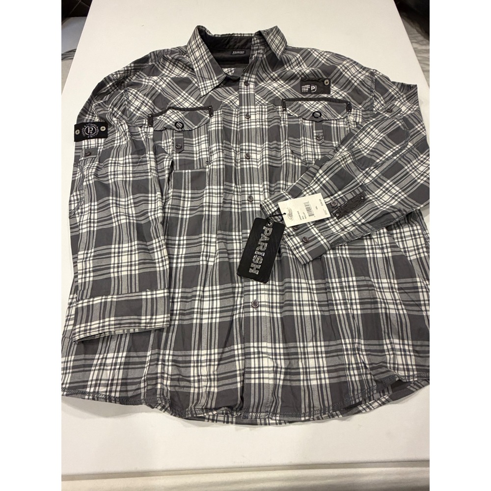 NWT Parish Men 4XL Gray Plaid Embroidered Shirt Y2K Hip Hop Streetwear